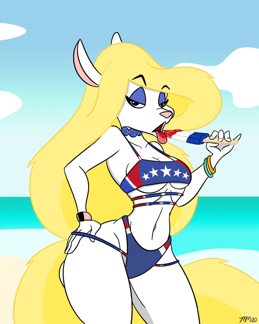 american_flag anthro beach bedroom_eyes bikini biped blonde_hair blue_bikini blue_choker blue_clothing blue_eyeshadow blue_jewelry blue_necklace blue_neckwear blue_swimwear bracelet breasts choker clothing curvy_figure eyeshadow female food fur hair hand_on_hip hourglass_figure jewelry licking_popsicle looking_at_viewer makeup medium_breasts narrowed_eyes navel necklace popsicle red_bikini red_clothing red_swimwear seaside seductive skimpy_bikini solo standing star star_polygon star_print summer swimwear tail thick_thighs tongue tongue_out two-piece_swimsuit under_boob united_states_of_america white_bikini white_body white_clothing white_fur white_swimwear wide_hips yellow_tail 49ersrule07 animaniacs warner_brothers minerva_mink mammal mink mustelid musteline true_musteline hi_res