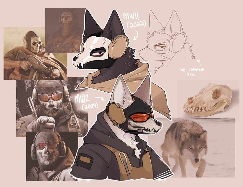 alternate_species anthro black_clothing black_hoodie black_topwear brown_clothing brown_hoodie brown_topwear clothing electronics eyewear fur furrification goggles grey_body grey_fur headgear headphones headset hoodie looking_at_viewer male mask military orange_eyewear orange_goggles simple_background skull_mask solo square_crossover tan_background text topwear sinnple activision call_of_duty call_of_duty:_modern_warfare_2 call_of_duty:_modern_warfare_ii simon_riley canid canine canis mammal wolf 2022 english_description english_text hi_res