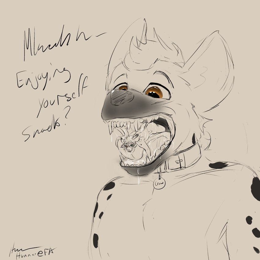 bodily_fluids buckled_collar collar drooling gullet male mouth_shot onomatopoeia open_mouth saliva sound_effects sticky teeth text tongue vore wide_hips hunner crow_(crowcuta) hyena mammal mouse murid murine rodent absurd_res hi_res