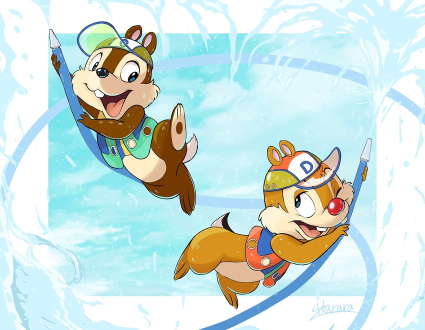 3_toes anthro baseball_cap biped black_nose bottomless brown_body brown_fur buckteeth clothed clothing duo feet fur happy hat headgear headwear hose male one_eye_closed open_mouth open_smile red_nose smile tan_body tan_fur teeth toes topwear vest water wet harara disney chip_(disney) dale_(disney) chipmunk ground_squirrel mammal rodent sciurid 2022 hi_res signature