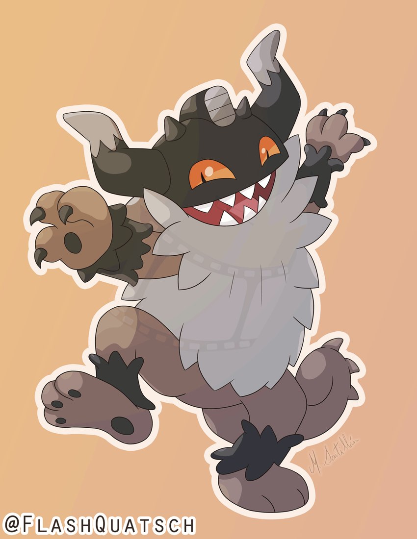 ambiguous_gender claws horn orange_eyes simple_background solo flashquatsch nintendo pokemon galarian_form generation_8_pokemon perrserker pokemon_(species) regional_form_(pokemon) hi_res