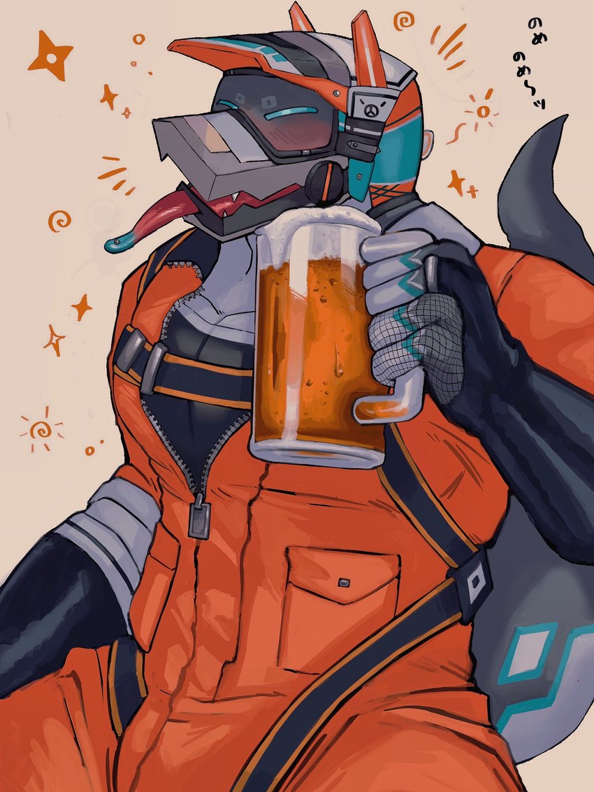 alcohol anthro beer beverage blue_body blue_scales clothing cybernetics eyes_closed eyewear fingerless_gloves gloves goggles goggles_on_face grey_body grey_scales handwear jumpsuit machine male mechanical_jaw orange_jumpsuit scales solo tipsy white_body white_scales rrrr20251107 anothereidos_of_dragon_vein_r sarutobi_(anothereidos_r) cyborg lizard reptile scalie hi_res