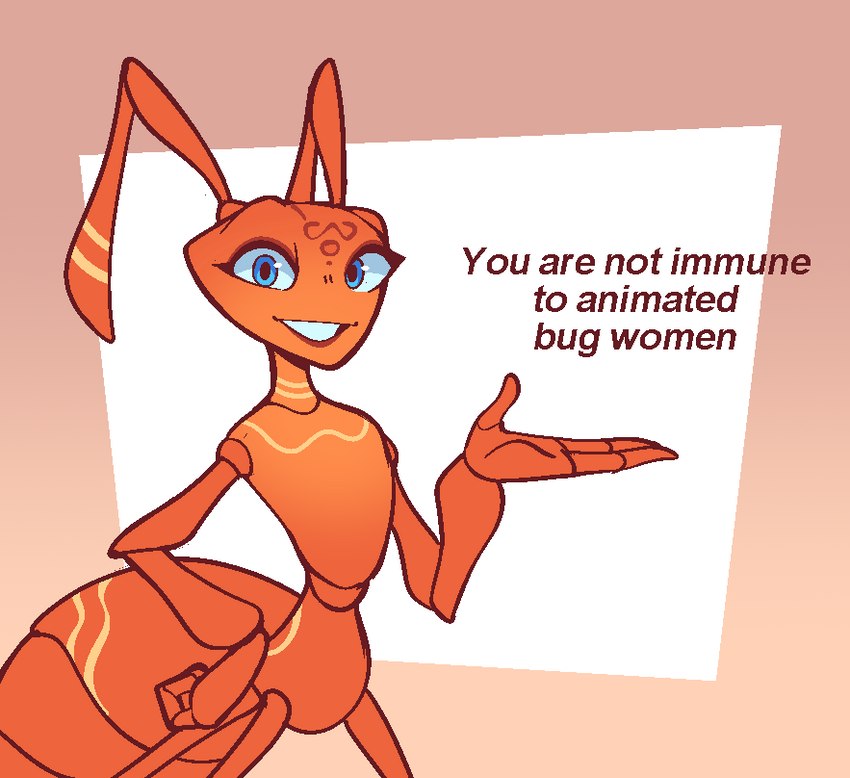 antennae_(anatomy) anthro blue_eyes eyelashes markings orange_antennae orange_body smile smiling_at_viewer solo tan_antennae tan_body text conditional_dnp welwraith legendary_pictures the_ant_bully you_are_not_immune_to_propaganda hova ant arthropod hymenopteran insect 2023 english_text meme