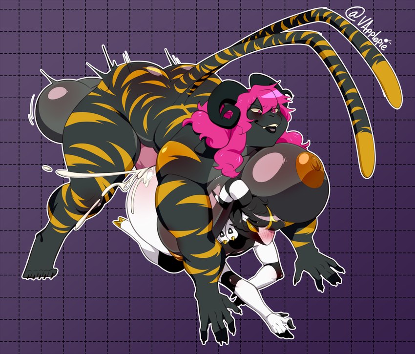 2_tails all_fours anthro balls big_balls big_breasts big_dom_small_sub big_penis black_body black_fur black_hair black_markings blonde_highlights blush blush_lines bodily_fluids bouncing_balls breasts cum cum_drip cum_inside doggystyle dominant dominant_gynomorph dominant_intersex dripping duo ejaculation from_behind_position fur genital_fluids genitals gold_nipples gold_stripes gynomorph gynomorph/male gynomorph_penetrating gynomorph_penetrating_male hair heart_eyes heart_symbol highlights_(coloring) horn huge_balls huge_breasts huge_penis intersex intersex/male intersex_penetrating intersex_penetrating_male larger_gynomorph larger_intersex larger_on_top leaking_cum looking_pleasured male male_penetrated markings multi_tail nipples nude on_top penetration penis pink_hair purple_eyes raised_tail rough_sex sex size_difference smaller_male stripes tail white_sclera yellow_eyes yellow_sclera vapplepie nintendo pokemon fan_character io_(sparkwelkin) shina_(intresszero) felid feline generation_5_pokemon mammal pantherine pokemon_(species) scolipede tiger hi_res