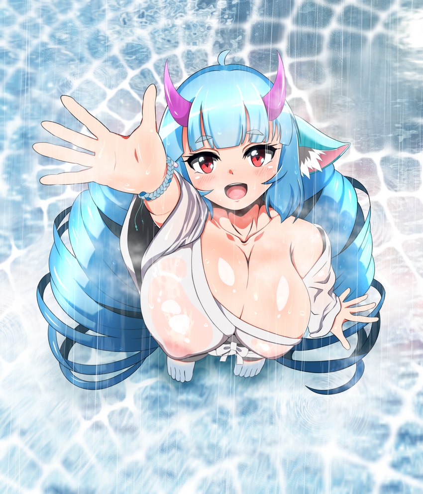 alternate_breast_size big_breasts blue_hair blush bracelet breasts female hair horn huge_breasts jewelry long_hair nipple_outline nipples open_mouth raining raised_hand solo water wet wumbo_(artist) mythology sanrio show_by_rock!! delmin_(show_by_rock!!) animal_humanoid demon dragon dragon_humanoid humanoid mythological_creature mythological_scalie scalie absurd_res hi_res