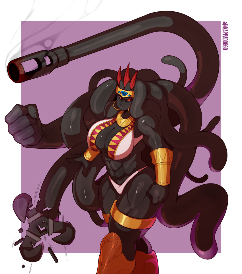 armor black_sclera boots bracers cannon claws clothing crosshair_eyes female fist footwear gem greaves horn jewelry legband machine muscular muscular_female muscular_humanoid pseudo_hair ranged_weapon shoes smoking_gun solo sumerian tank_(vehicle) tentacle_hair tentacles thighband transformation vehicle weapon kappadoggo haelyn alien deity humanoid living_machine living_tank living_vehicle qualuon tentacle_creature absurd_res hi_res