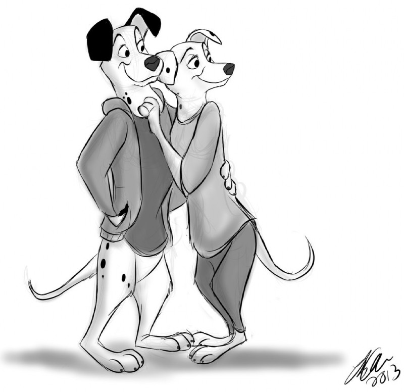 3_toes 4_fingers anthro anthrofied bottomless bottomwear clothed clothing coat duo feet fingers hand_in_pocket hand_on_hip hands_in_both_pockets male pants pockets shirt simple_background smile standing toes topwear white_background betsythebeaver 101_dalmatians disney perdita pongo canid canine canis dalmatian domestic_dog mammal 2013 digital_drawing_(artwork) digital_media_(artwork) greyscale monochrome sketch