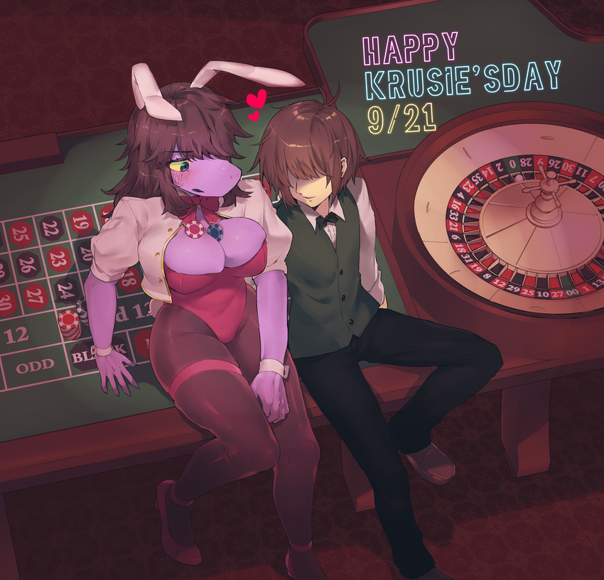 accessory ankle_strap_heels anthro big_breasts blush breast_squish breasts bunny_costume casino clothing clothing_over_leotard costume duo embarrassed female footwear garter heart_symbol high-angle_view high_heels item_in_cleavage jacket_over_leotard kemono leg_garter looking_at_breasts male non-mammal_breasts poker_chip pumps roulette roulette_table roulette_wheel shoes skindentation squish sskomu_(artist) deltarune undertale_(series) kris_(deltarune) susie_(deltarune) dinosaur human mammal prehistoric_species reptile scalie absurd_res hi_res