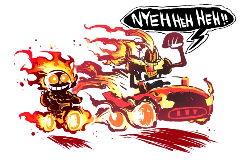 bicycle bone car duo fire inside_car inside_vehicle simple_background skeleton text vehicle white_background rariatoo marvel undertale undertale_(series) ghost_rider papyrus_(undertale) sans_(undertale) animated_skeleton undead crossover