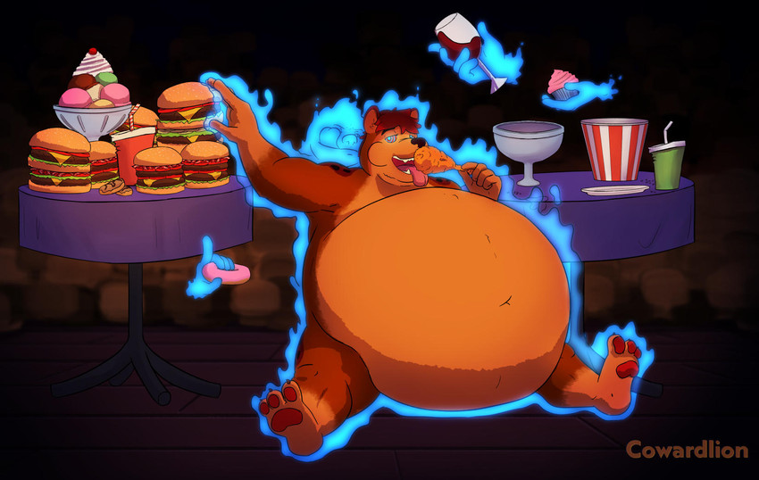 anthro belly big_belly burger dessert duo eating floating_hands food furniture ice_cream inflation male mind_control overeating overweight overweight_male possession table tablecloth cowardlion yepir ghost hyena mammal spirit hi_res