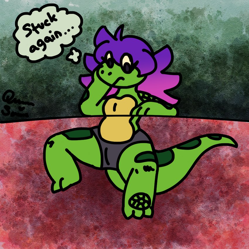 anthro female gradient_hair green_body green_scales green_spots hair messy_hair pants_only pink_hair purple_hair scales scar solo spots stuck stuck_in_ground tail thick_tail thought_bubble underbelly yellow_underbelly queen_susie trixie_(queen_susie) lizard reptile scalie 1:1 comic signature