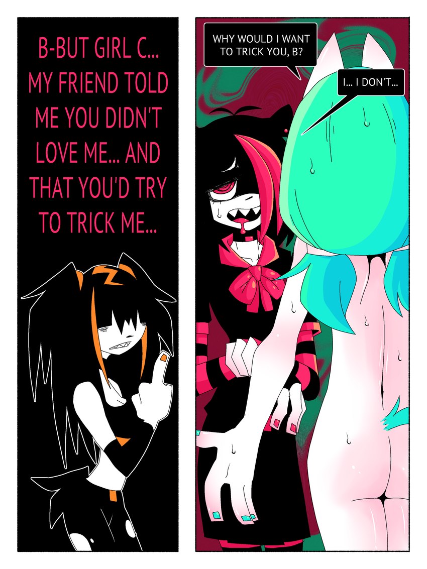 anthro blue_fingernails blue_hair blue_nails bodily_fluids butt colored_nails dialogue female fingernails gesture hair hand_gesture middle_finger nails nude red_hair sweat tail ponporio the_disappearance_of_girl_a girl_a girl_b girl_c felid mammal 3:4 absurd_res comic hi_res tagme