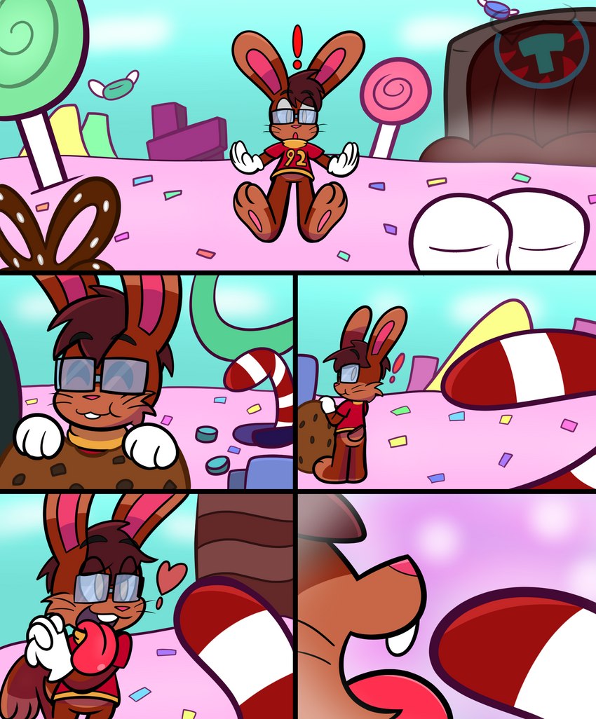 anthro brown_body brown_fur candy candy_cane chocolate cookie dessert exclamation_point eyewear food fur glasses lollipop male marshmallow solo sprinkles mintytempest roderick_(tamerkoh) lagomorph leporid mammal rabbit comic hi_res