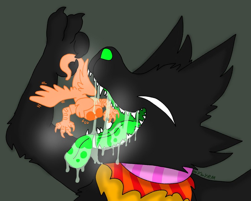 anthro black_body black_fur bodily_fluids duo forced fur green_mouth green_nose humor imminent_oral_vore imminent_vore male male/male mouth_shot open_mouth oral_vore orange_body saliva saliva_on_tongue saliva_string size_difference teeth tongue tongue_out unwilling_prey vore white_eyes wings wywyrm homestuck ms_paint_adventures bec_noir davesprite jack_noir avian canid canine mammal sprite_(homestuck) 5:4 hi_res