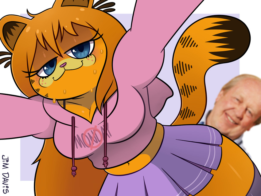 absolute_territory anthro anthrofied arms_out bangs bedroom_eyes blue_eyes bodily_fluids bottomwear breasts cleavage clothed clothing crossgender ear_tuft eyelashes female fully_clothed fur hair hoodie legwear long_hair looking_at_viewer male midriff miniskirt mtf_crossgender narrowed_eyes navel orange_body orange_fur orange_hair pink_clothing pink_hoodie pink_nose pink_topwear pleated_skirt purple_bottomwear purple_clothing seductive skirt smile stockings sweat text text_on_clothing text_on_hoodie text_on_topwear topwear tuft afroninja360 garfield_(series) jim_davis garfield_the_cat domestic_cat felid feline felis human mammal 2020 4:3 cel_shading hi_res shaded