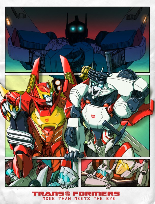 angry autobot blue_eyes breaking_the_fourth_wall happy humor machine male not_furry open_mouth simple_background smile standing teeth text 鍛冶屋 hasbro takara_tomy transformers chromedome drift_(transformer) rewind_(transformer) rodimus swerve_(transformer) tailgate ultra_magnus cybertronian humanoid robot comic english_text hi_res