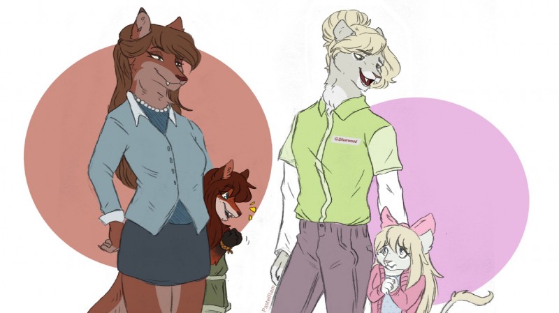 clothed clothing female group open_mouth smile standing teeth tongue dvixie canid canine felid mammal 2019 digital_media_(artwork) hi_res