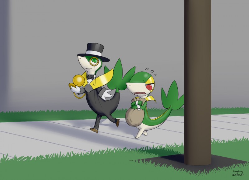 angry clothed clothing duo feral fully_clothed grin happy leaf male outside partially_clothed plant semi-anthro smile toony walking longlevy nintendo pokemon leander_(longlevy) tangle elemental_creature flora_fauna generation_5_pokemon pokemon_(species) scalie servine snivy 2017 digital_media_(artwork) shaded