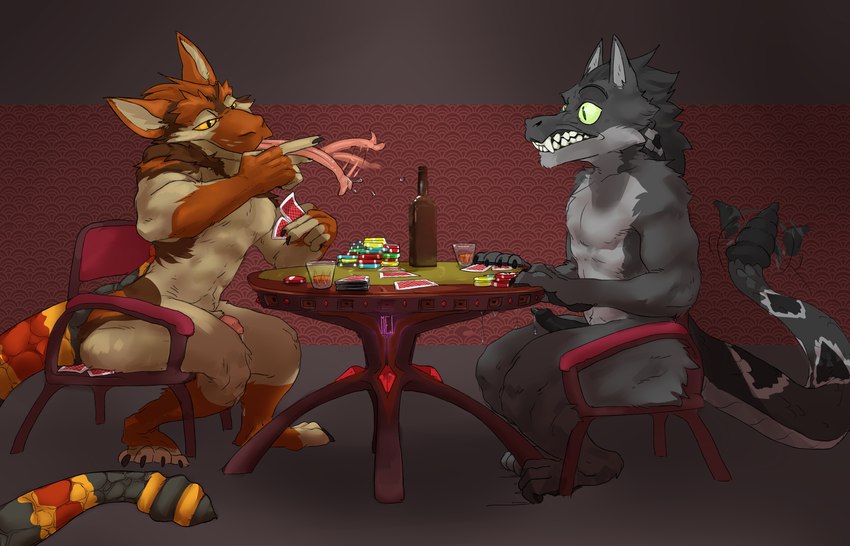 anthro black_body black_scales card card_game clothing duo erection fur fur_and_scales furniture gaming genitals grey_body grey_fur grey_scales hair male male/male nude orange_body orange_fur orange_scales penis playing_card poker poker_chip poker_table scales simple_background smile table tail tan_body tan_fur teeth tongue mej fallout microsoft krit canid canine canis coyote hybrid mammal night_stalker_(fallout) pit_viper reptile scalie snake viper absurd_res digital_media_(artwork) hi_res