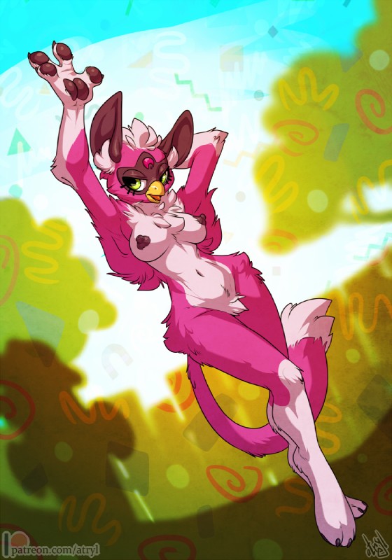 4_fingers anthro beak breasts brown_nipples exposure_variation female fingers fur green_eyes hand_behind_head navel nipples nude patreon_logo pink_body pink_fur solo text tongue tongue_out website_logo atryl furby patreon furby_(species) hi_res url watermark