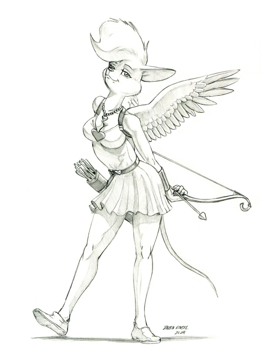 anthro arrow_(weapon) bedroom_eyes bow_(weapon) breasts cleavage clothed clothing dress feathered_wings feathers female footwear fur hair jewelry narrowed_eyes necklace quiver_(object) ranged_weapon seductive shoes solo tail weapon wings baron_engel petina_demouse mammal mouse murid murine rodent 2024 hi_res