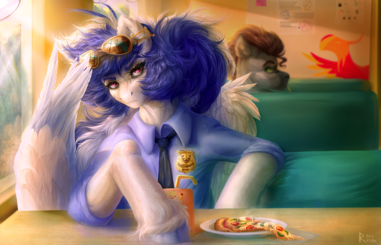 bench bent_legs beverage black_necktie blue_dress_shirt blue_hooves blue_mane booth_seating brown_mane closed_frown clothed clothed_female clothed_feral clothing day drinking_straw duo eyelashes eyewear eyewear_on_head feathered_wings feathering feathers female female_feral feral food frown frowning_at_viewer fur furniture furrowed_brow furrowed_eyebrows green_eyes grey_mane hooves inside light long_mane looking_at_another looking_at_viewer male male_feral mane mouth_closed multicolored_mane necktie on_bench paper pink_eyes pizza plate police police_badge police_officer reflection restaurant short_mane sitting sitting_on_bench solo_focus steam summer sunglasses sunglasses_on_head sunlight table tan_wall text two_tone_mane unguligrade wall_(structure) white_body white_fur white_mane white_wings window wings rayrage hasbro my_little_pony mythology fan_character rachel_rage earth_pony equid equine horse mammal mythological_creature mythological_equine pegasus pony 2022 artist_name colored digital_media_(artwork) digital_painting_(artwork) english_description hi_res lighting painting_(artwork) shaded