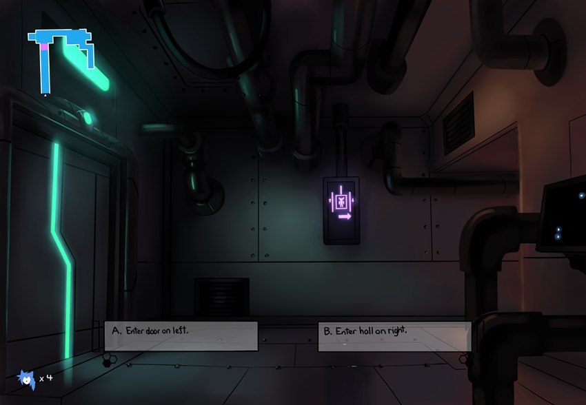 ambiguous_gender ambiguous_pov anthro choice door electronics female female_pov first_person_view gameplay_mechanics glowing hallway life_(gaming) map metal_door monitor pipe reflective_floor sign text text_box zero_pictured ozoneserpent canid canine fox mammal 2022 english_text story story_in_description female_(lore)