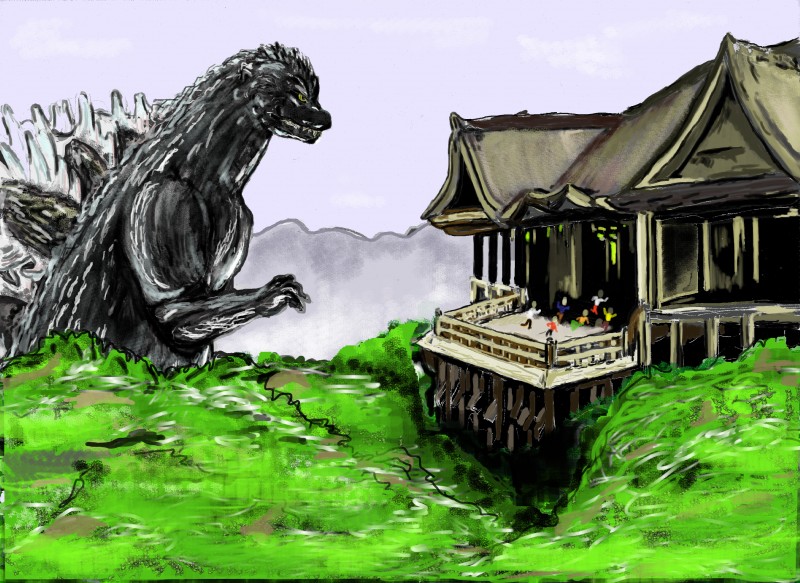 ambiguous_gender building clothing feral group japan japanese macro meanwhile_in_japan mountain outside plant size_difference sky solo_focus spines tree wood yellow_eyes kenn godzilla_(series) toho godzilla human kaiju mammal absurd_res digital_media_(artwork) digital_painting_(artwork) hi_res