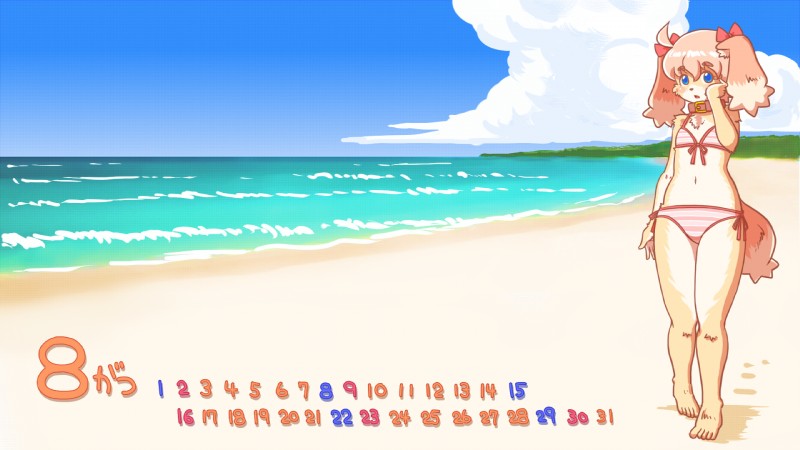 anthro beach blue_eyes calendar calendar_graphic detailed_background female fur hair kemono open_mouth outside pink_hair sand sea seaside short_hair sky solo tan_body tan_fur water kin-shun itou_sora canid canine canis domestic_dog mammal 16:9 hi_res widescreen