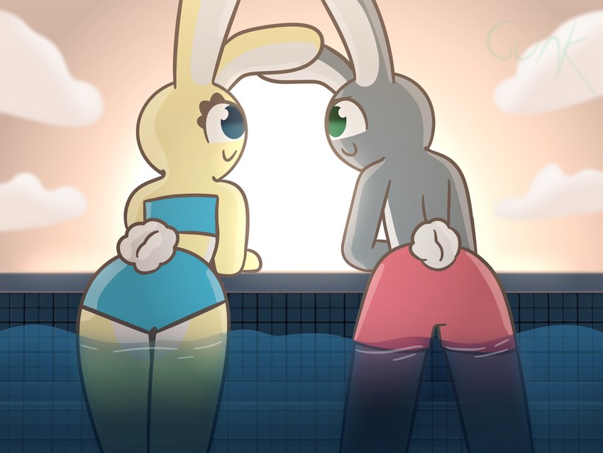 anthro blue_eyes bottomwear clothing cloud duo eyelashes female fluffy fluffy_tail fur green_eyes grey_body grey_fur long_ears looking_at_another male rear_view smile sunset swimming_pool swimming_trunks swimwear tail thick_thighs topwear white_body white_fur wide_hips yellow_body yellow_fur guak amy_hope_(guak) ronnie_(guak) humanoid lagomorph leporid mammal rabbit 3d_(artwork) 4:3 digital_media_(artwork) hi_res