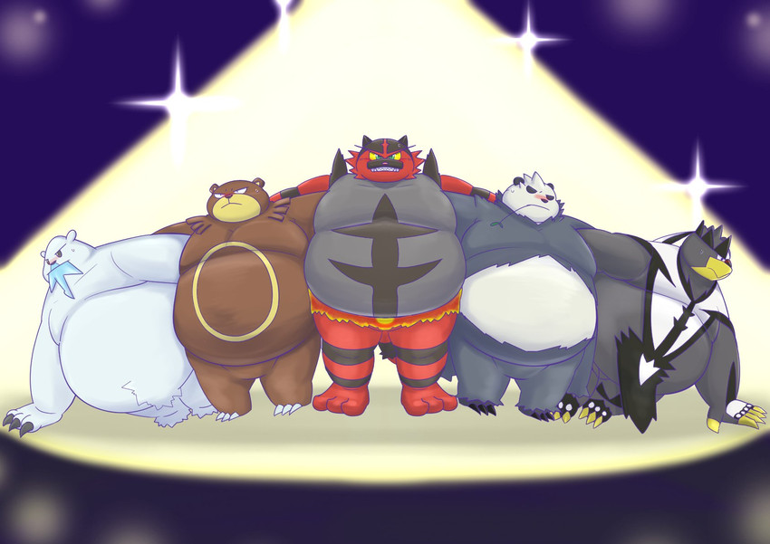 anthro arm_around_shoulders black_body brown_body group hug kemono male obese obese_male overweight overweight_male red_body white_body marumu_5656 nintendo pokemon beartic generation_2_pokemon generation_5_pokemon generation_6_pokemon generation_7_pokemon generation_8_pokemon incineroar legendary_pokemon pangoro pokemon_(species) single_strike_style_urshifu ursaring urshifu 2021 hi_res