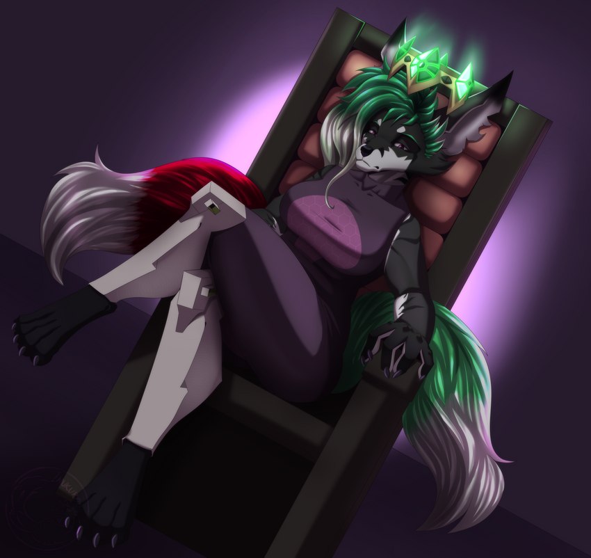 2_tails 4_toes 5_fingers anthro black_body black_fur black_markings crossed_legs crown eyebrows feet female fingers floating_crown fur futuristic_armor green_hair green_tail hair headgear markings multi_tail red_tail sitting_on_throne solo tail toes white_markings inukuroo fan_character vallakyer_glassbreaker canid canine fox humanoid mammal absurd_res hi_res