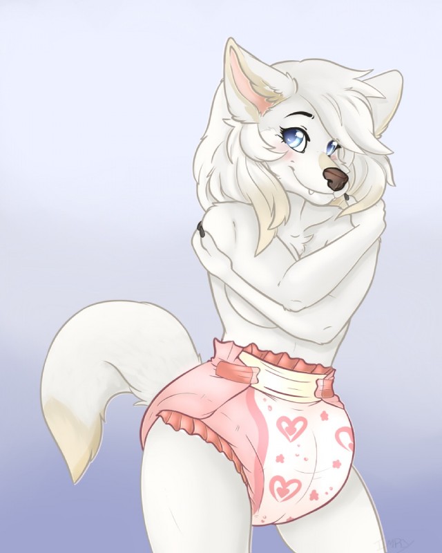 anthro blue_eyes blush breasts chest_tuft clean_diaper clothed clothing covering covering_self diaper fangs female fur hair mostly_nude solo standing teeth tuft wearing_diaper white_body white_fur imply canid canine canis mammal wolf 2019 4:5 hi_res