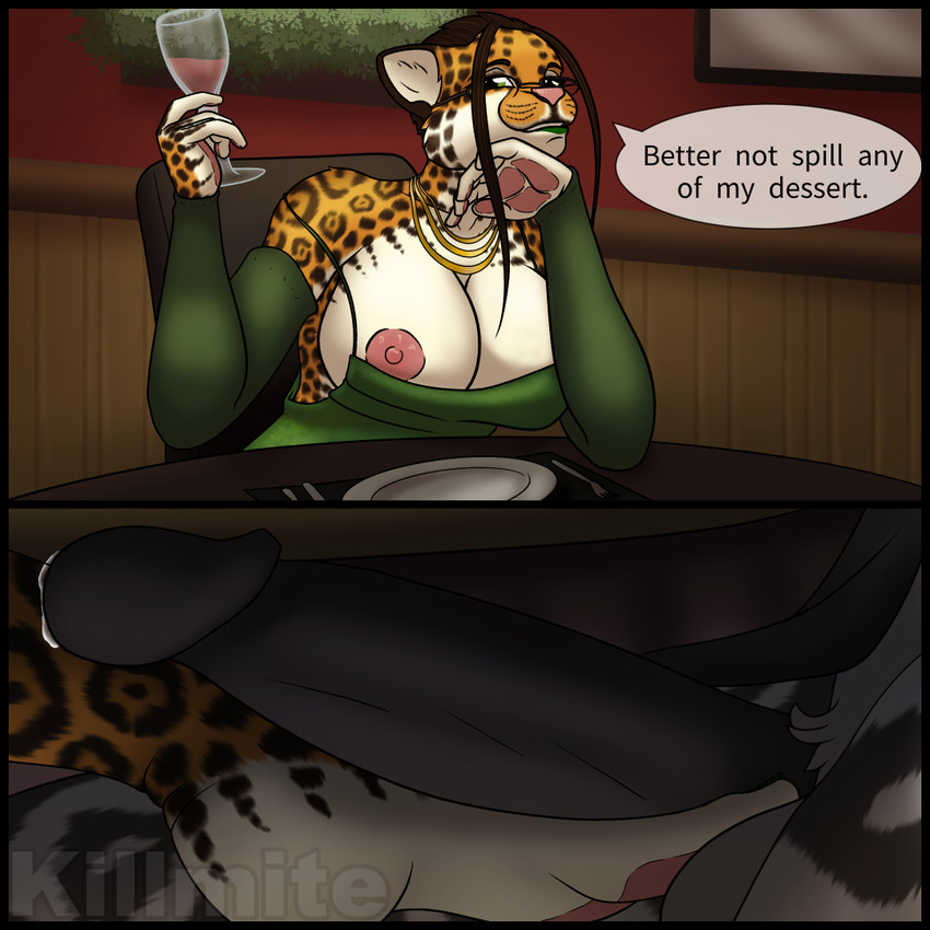 anthro balls bangs big_penis biped black_body black_border black_fur bodily_fluids border bottomless breasts brown_hair clothed clothing dialogue dress erection exposing eyewear feet female female_focus flashing foot_fetish foot_play footjob fur furniture genital_fluids genitals glands glasses grope hair humanoid_genitalia humanoid_penis inside jaguar_spots jewelry leopard_spots male multicolored_body multicolored_fur nipples no_bra open_clothing open_dress partially_clothed penile penis precum public restaurant sex short_hair spots stealth_sex teasing text two_tone_body two_tone_fur under_table killmite josie_maxwell_(killmite) felid jaguar mammal pantherine snow_leopard 1:1 comic digital_drawing_(artwork) digital_media_(artwork) english_text watermark