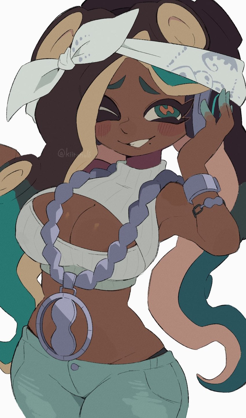 blush breasts cleavage cleavage_cutout clothed clothing cutout dark_body dark_skin female jewelry kerchief looking_at_viewer markings mole_(marking) one_eye_closed pseudo_hair simple_background smile solo suction_cup tentacle_hair tentacles wink kiirono nintendo splatoon marina_(splatoon) animal_humanoid cephalopod cephalopod_humanoid humanoid marine marine_humanoid mollusk mollusk_humanoid octarian octoling hi_res signature