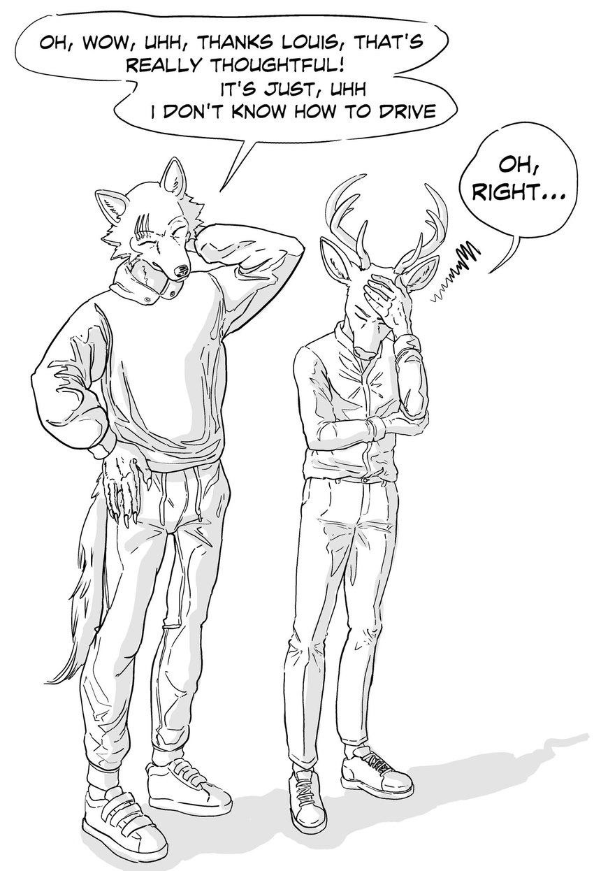 anthro antlers bottomwear clothed clothing dialogue duo eyes_closed facepalm footwear hand_behind_head hoodie horn jacket male pants scar shoes simple_background standing text topwear white_background ffog beastars legoshi_(beastars) louis_(beastars) canid canine canis cervine deer mammal red_deer wolf 2021 black_and_white english_text hi_res monochrome