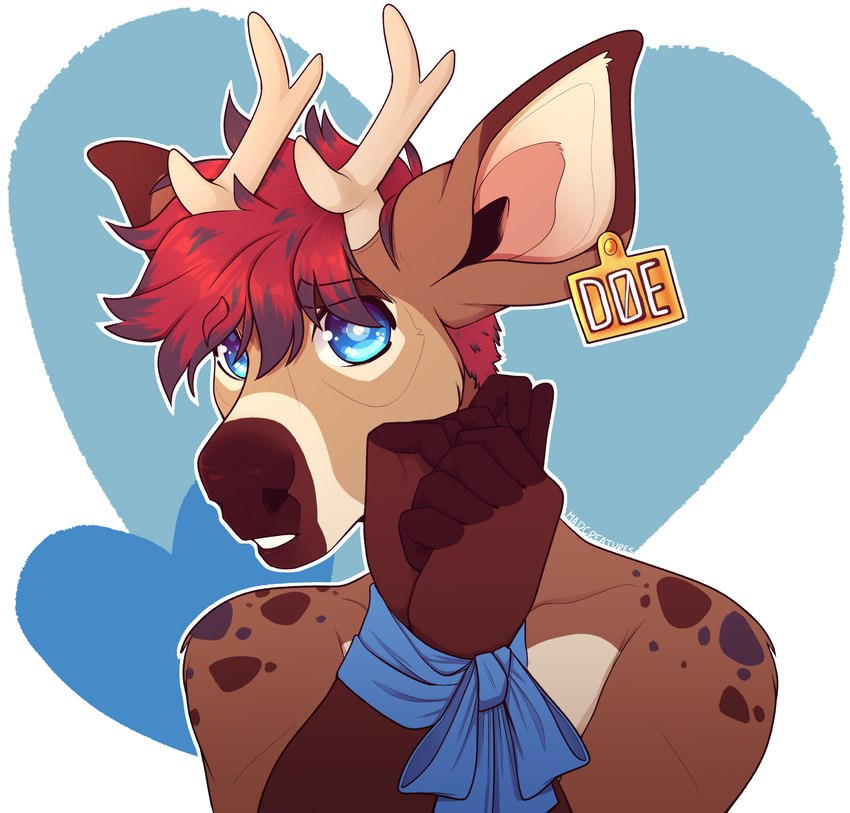 anthro antlers biped blue_eyes bound clothed clothing ear_piercing ear_tag hands_tied horn piercing shy solo topless topless_anthro maddencreatures roland_(spool) deer mammal 2022 absurd_res hi_res