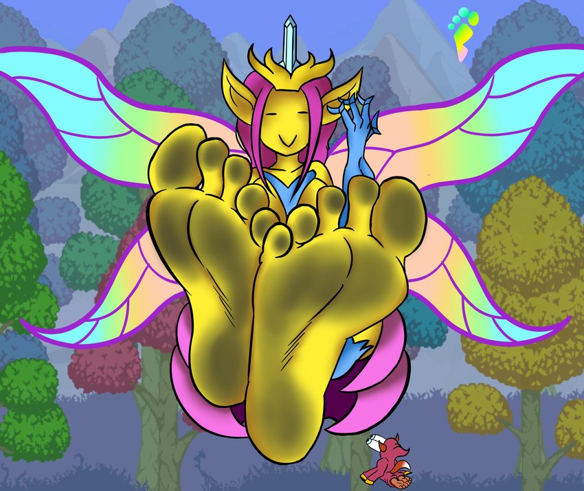 big_feet crown dirty dirty_feet duo feet female foot_fetish headgear soles toes wings dottfeet terraria empress_of_light deity humanoid absurd_res hi_res