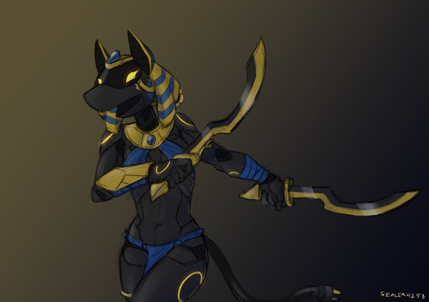 anthro black_body bottomwear cable_tail clothed clothing egyptian egyptian_clothing egyptian_headdress female gold_(metal) gold_jewelry headdress headgear headwear holding_object holding_weapon holographic_eyes jewelry joints khopesh loincloth machine melee_weapon navel not_furry open_mouth screen screen_face simple_background solo sword tail weapon wraps yellow_eyes sealer4258 se-4258 android anubian robot digital_media_(artwork) hi_res