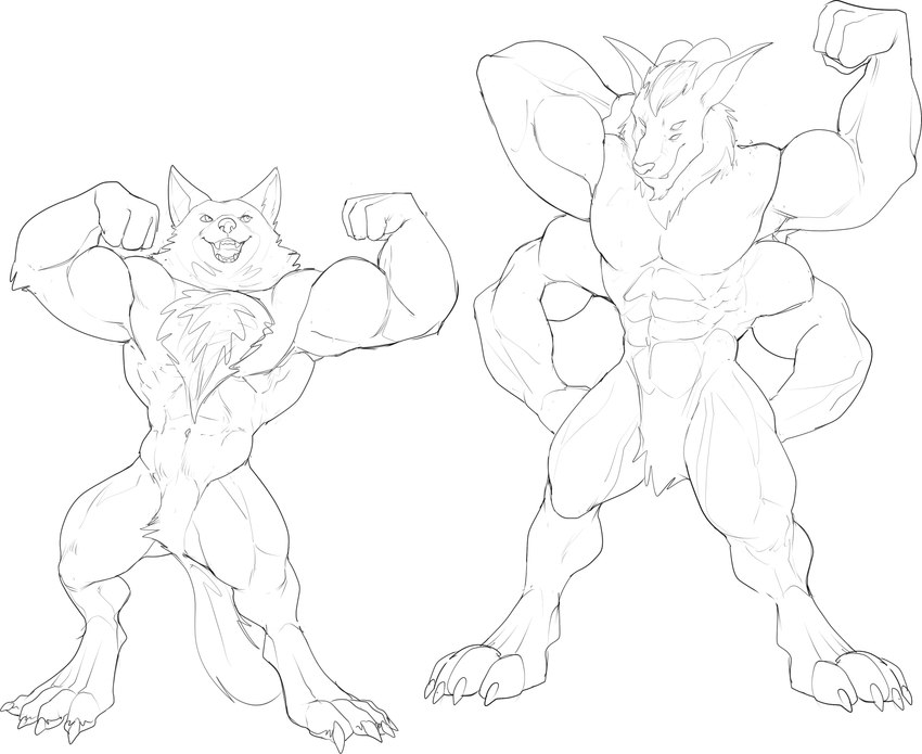 2_horns 4_arms 4_eyes 4_fingers 4_toes 5_toes abs anthro biceps big_biceps big_muscles big_pecs cheek_tuft chin_tuft claws closed_smile crotch_tuft digitigrade duo empty_eyes facial_tuft feet fingers fist flexing flexing_bicep flexing_both_biceps flexing_brachioradialis flexing_flexor_carpi flexing_pec forearm_muscles front_view hand_behind_head happy head_horn head_tuft horn huge_muscles huge_pecs humanoid_hands larger_anthro larger_male looking_aside looking_away looking_up male manly mouth_closed multi_arm multi_eye multi_limb muscular muscular_anthro muscular_arms muscular_male muscular_thighs naturally_censored navel neck_tuft nude_anthro nude_male obliques open_mouth open_smile pecs pose quads serratus simple_background size_difference smaller_anthro smaller_male smile standing tail tail_tuft toes triceps tuft white_background wide_stance bristol canid canine mammal 2022 absurd_res black_and_white full-length_portrait hi_res monochrome portrait