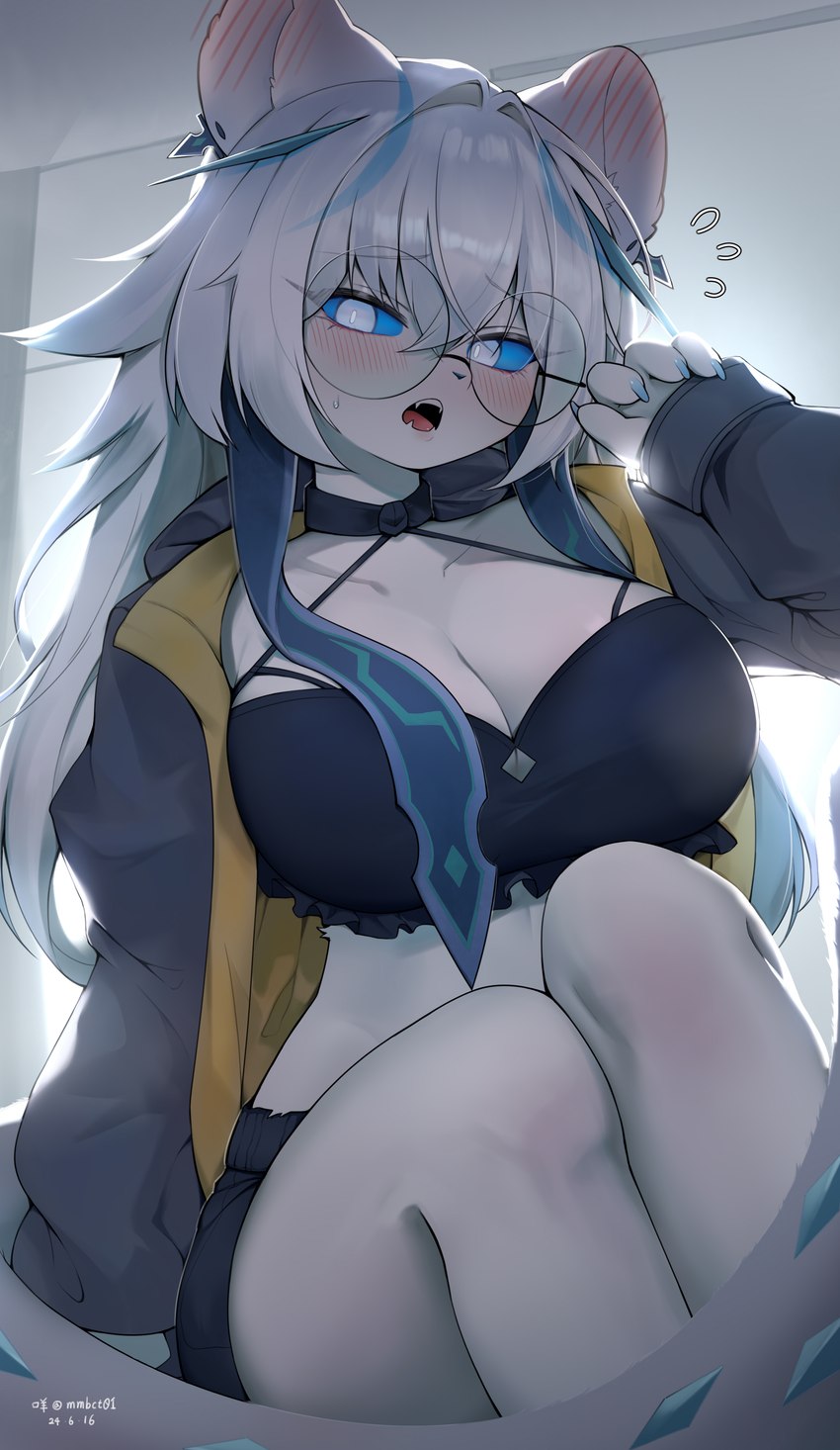 anthro big_breasts blush breasts circle_glasses clothed clothing eyewear female fur glasses hair looking_at_viewer solo white_body white_fur white_hair mmbct01 nintendo pokemon chien-pao generation_9_pokemon legendary_pokemon pokemon_(species) absurd_res hi_res