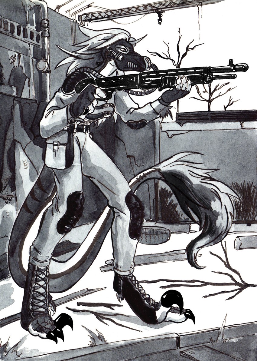 4_fingers action_pose anthro breasts claws clothed clothing detailed_background feathers feet female fingers furgonomics gas_mask gun holding_gun holding_object holding_ranged_weapon holding_weapon ink mask outside pointing_gun pose post-apocalyptic ranged_weapon ruins scales shotgun sky solo spas-12 standing stripes tail talons toes weapon elvirarecrud s.t.a.l.k.e.r. melody_(user_55) dinosaur dromaeosaurid prehistoric_species reptile scalie theropod velociraptor black_and_white hi_res monochrome traditional_media_(artwork)