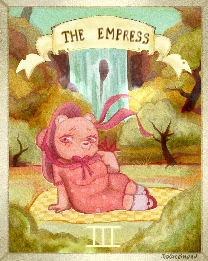 anthro biped card card_template clothed clothing detailed_background fortune_telling hat headgear headwear major_arcana outside plant sitting solo tarot tarot_card the_empress_(tarot) tree watefall mocaccinoxd unicorn_wars azulin's_mother bear mammal 2023 4:5 hi_res