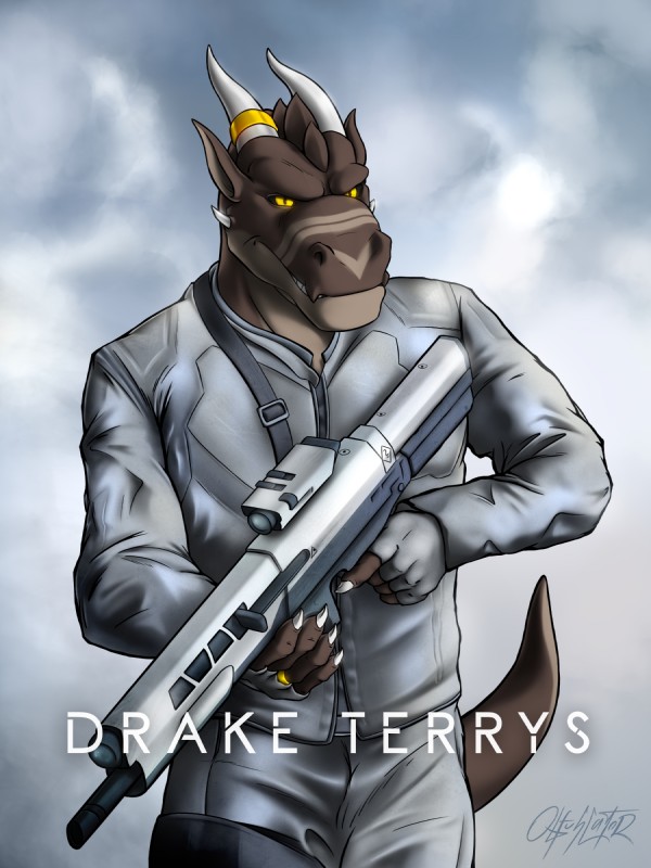 anthro brown_body brown_skin clothing horn male movie_poster poster poster_template simple_background solo suit tail weapon yellow_eyes obfuscator cc-by-nc-nd creative_commons mythology drake_terrys dragon mythological_creature mythological_scalie reptile scalie 2017 3:4 digital_media_(artwork) hi_res