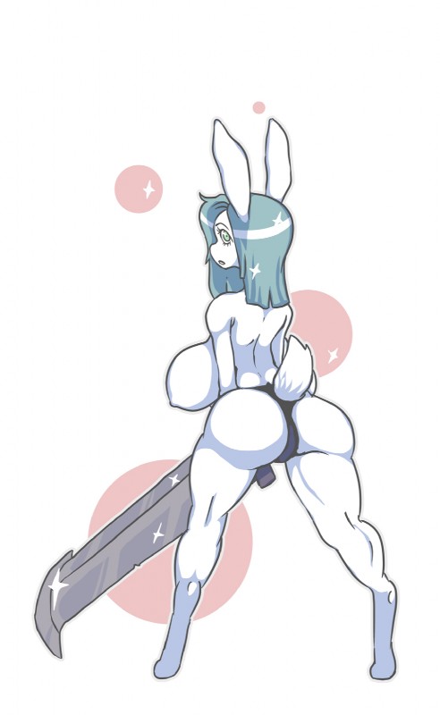 anthro big_breasts breasts butt clothed clothing curvy_figure female green_eyes hair holding_melee_weapon holding_object holding_sword holding_weapon looking_back melee_weapon nipples side_boob simple_background solo standing sword topless underwear voluptuous weapon pwcsponson lagomorph leporid mammal rabbit hi_res