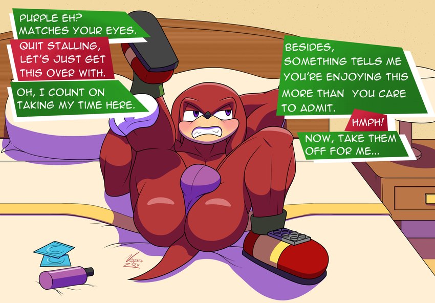 anthro bed bedframe bedroom blush bulge butt clothing condom dialogue embarrassed footwear furniture furniture_lamp gloves handwear hotel lamp looking_away lube_bottle male muscular muscular_anthro muscular_male presenting presenting_hindquarters purple_eyes red_body sexual_barrier_device shoes solo speech_bubble tail thong underwear vesper_thee_bat sega sonic_the_hedgehog_(series) knuckles_the_echidna unnamed_character echidna mammal monotreme 2024 absurd_res hi_res