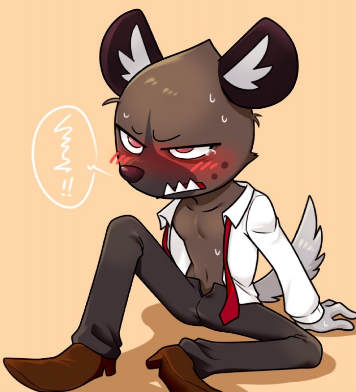 blush bodily_fluids bottomwear clothed clothing fangs inner_ear_fluff male necktie open_bottomwear open_clothing open_pants open_shirt open_topwear pants shirt solo sweat tears teeth topwear tuft kemo_nuko aggretsuko sanrio haida_(aggretsuko) hyena mammal spotted_hyena