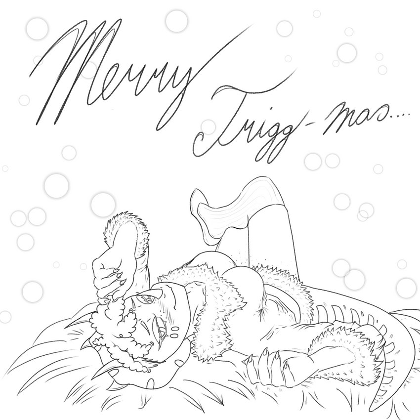 3_horns 5_fingers anthro bed big_breasts blush bone_frill breasts christmas_clothing clothing crossed_legs facial_horn female fingers footwear frill_(anatomy) fur_trim_(clothing) furniture hair holidays horn kinky_hair legwear lidded_eyes long_tail lying multi_horn narrowed_eyes nose_horn on_back on_bed plantigrade shoes simple_background smile smiling_at_viewer solo spiked_frill stockings tail text thigh_highs unknown_artist christmas goodbye_volcano_high trish_(gvh) ceratopsian dinosaur ornithischian prehistoric_species reptile scalie triceratops 1:1 absurd_res english_text hi_res monochrome