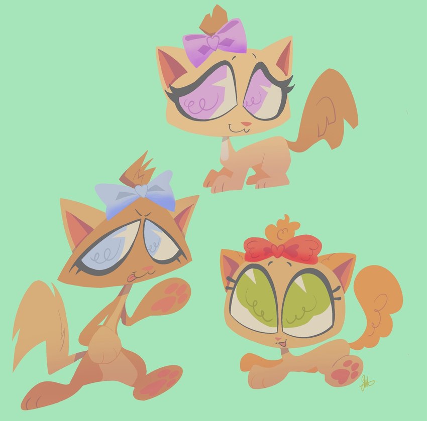 :3 accessory blue_eyes bow_ribbon eyelashes female feral fluffy fluffy_tail green_eyes group hair_accessory hair_bow hair_ribbon pawpads paws pink_eyes ribbons tail tongue tongue_out toony trio 555bunnies hasbro littlest_pet_shop lps_1335 lps_1336 lps_1337 domestic_cat felid feline felis mammal hi_res
