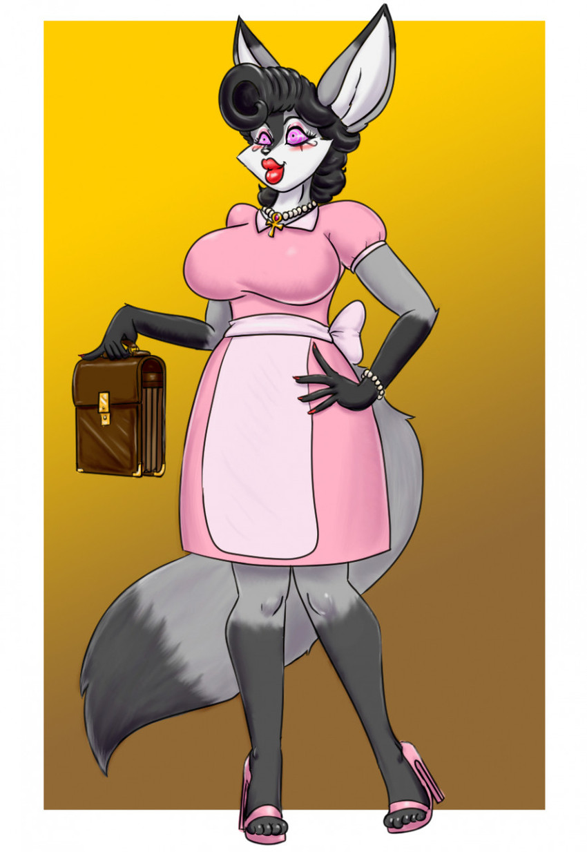 ankh ankh_necklace anthro apron big_breasts blush breasts briefcase clothing dress female footwear fur gem grey_body grey_fur hand_on_hip high_heels housewife jewelry lips mind_control necklace pearl_(gem) shoes solo spiral_eyes stepfordization thick_lips faust1173 canid canine fennec_fox fox mammal true_fox hi_res